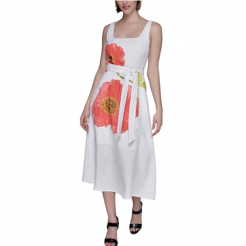 Karl Lagerfeld Paris Placed Floral Print Midi Dress White Red Poppy Beaded 10